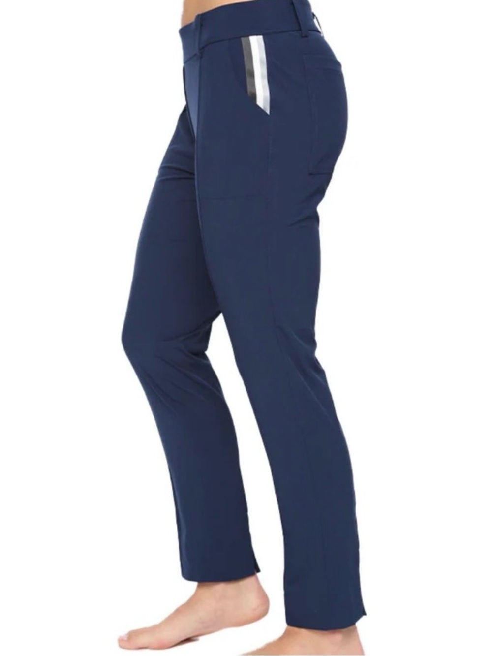 Belyn Key BK Crop Pants Ink Blue Small Gray White Stripe Trim Golf Pant Navy
